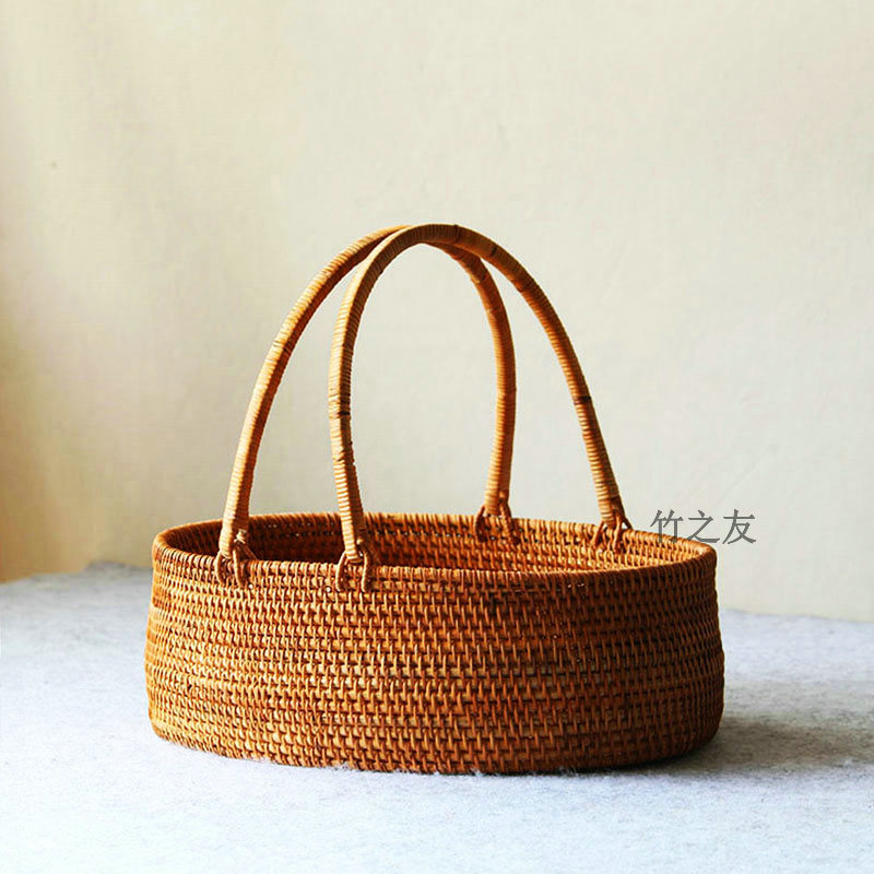 藤编收纳筐 纯手工 家用 桌面水果篮花篮手提竹制品筐子篮子 竹编