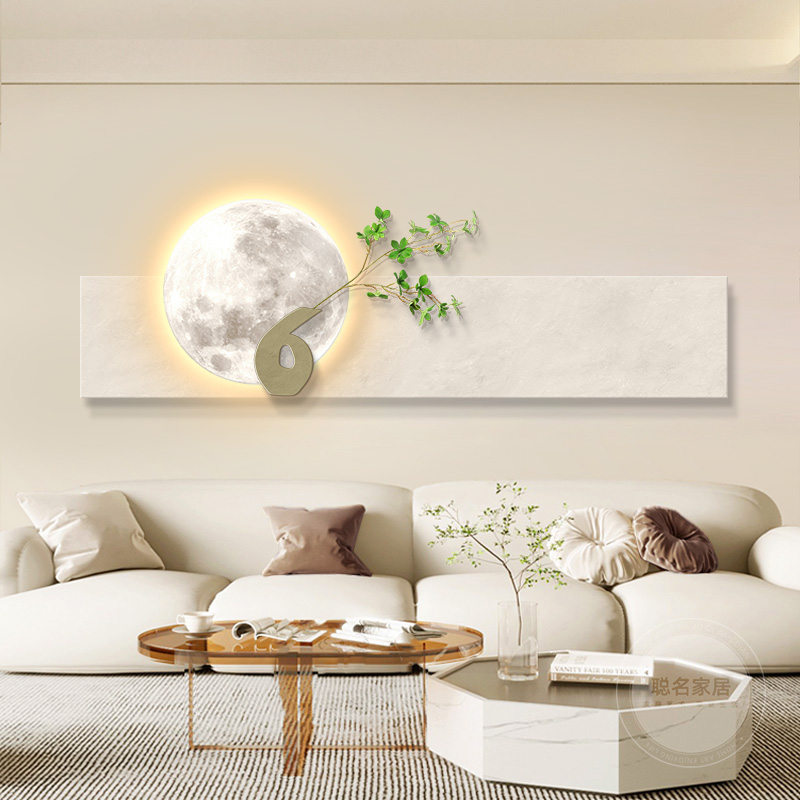 立体砂岩客厅装饰画奶油风沙发背景墙肌理画发光月球卧室床头挂画