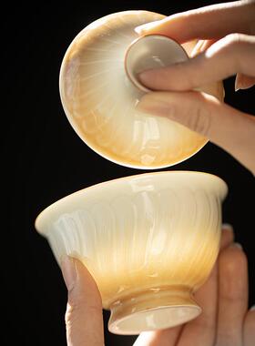 墨己渐变色陶瓷盖碗半ZNY刀泥茶花瓣纹仿泡碗仿宋高足刻花古茶碗