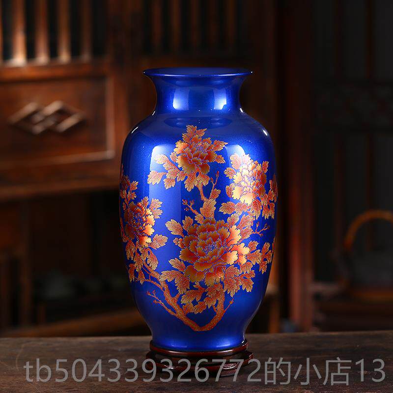 高档景德镇陶瓷器中国居红花水晶釉牡代丹花瓶现家工艺品客厅书房