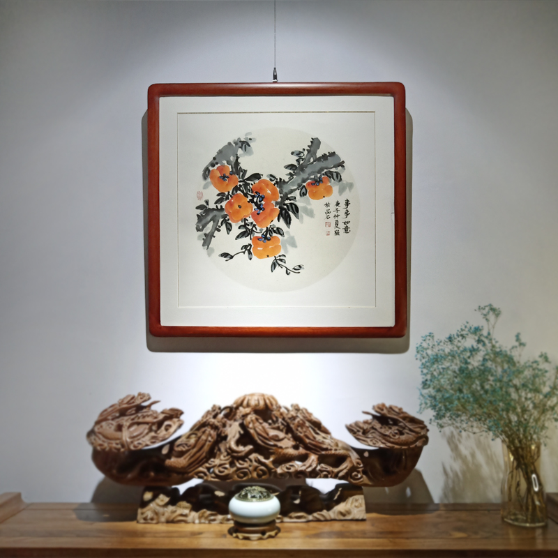 国画葫芦柿子梅花鸟紫藤纯手绘真迹斗方客厅卧室玄关餐厅装饰挂画