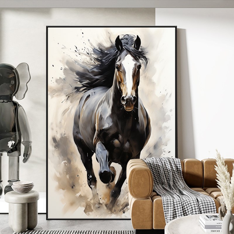 马到成功玄关装饰画大气黑骏马图客厅壁画走廊过道沙发背景墙挂画