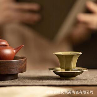 陶复品八方杯碟茗杯高夫脚茶杯瓷带杯垫闻香杯茶托功茶具主人杯古