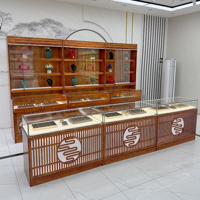 实木新中式珠宝展示柜玻璃柜台古玩瓷器茶叶展柜货架首饰品陈列柜