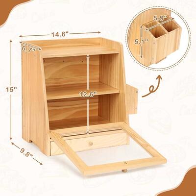 房竹木面包箱双层玻S80014璃前窗食面包零厨纳箱带餐具抽收屉收纳