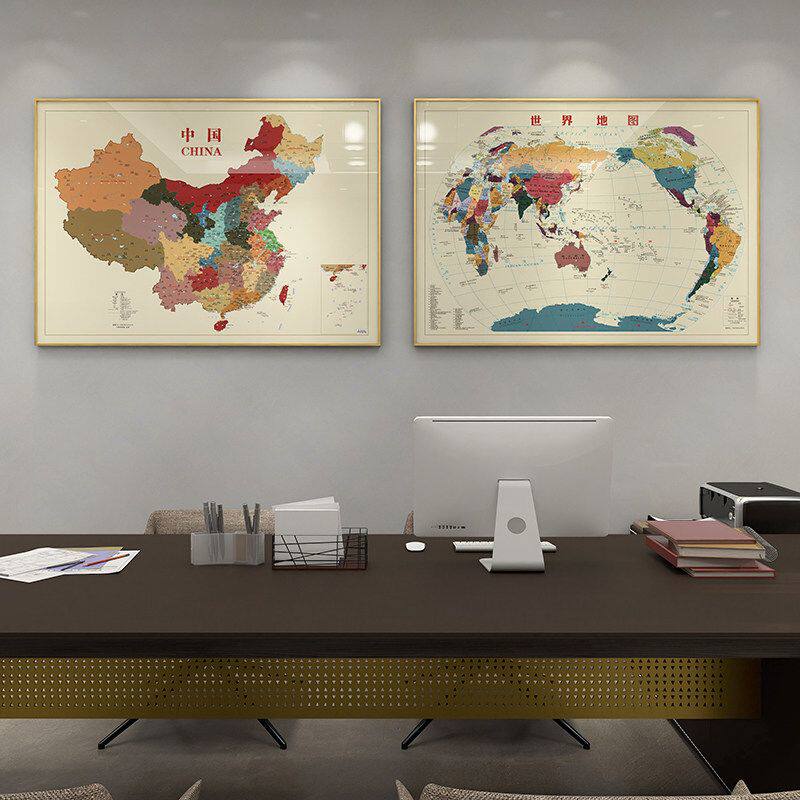 新款中国世界地图可磁吸足迹标记办公室背景墙装饰画客厅沙发挂画