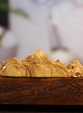 KQI黄杨木雕刻里江山摆件笔搁笔千山水画文架房送礼品手件把家居