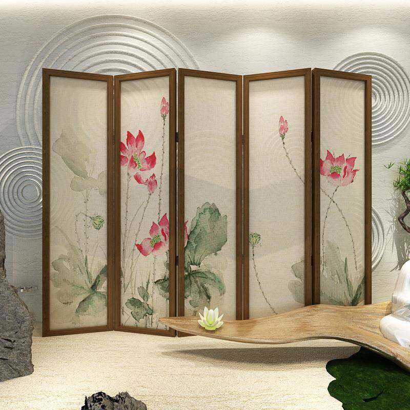 新中式古典屏风隔断客厅移动入户折叠遮挡茶室装饰办公室荷花折屏