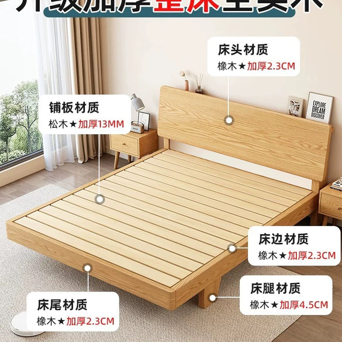 实木床双人床1.8米现代简约民宿1.2原木风出租房1米5家用单人大床
