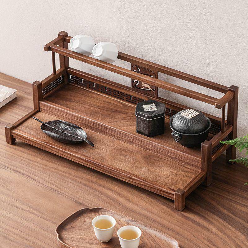 中式博古架新款紫砂壶实木北美黑胡桃木置物架整装茶具双层收纳架