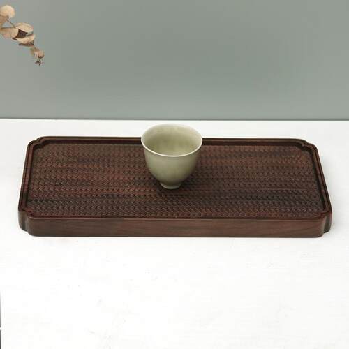 黑胡桃整木托盘藤编纹新中式干泡茶具席面茶台收纳茶盘竹编古日式