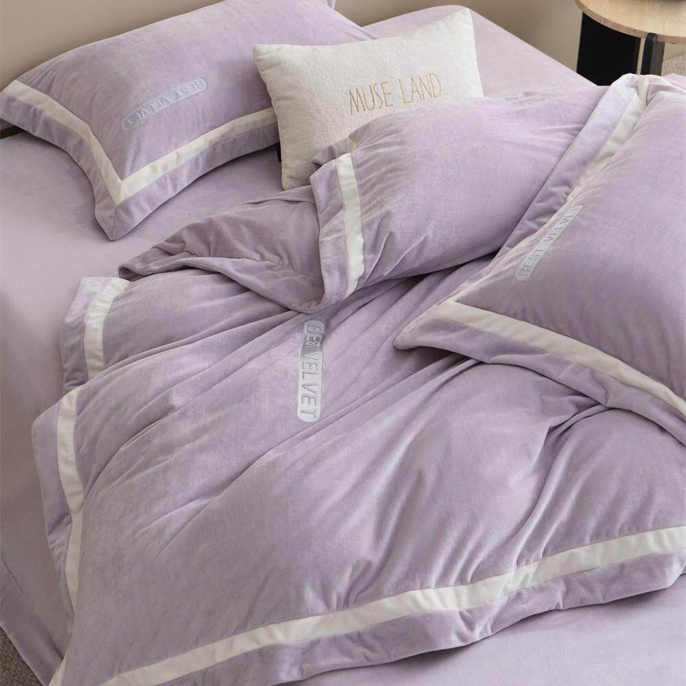 A类现代简约轻奢婴儿绒四件套极简撞色宽边英文刺绣被套床单床笠