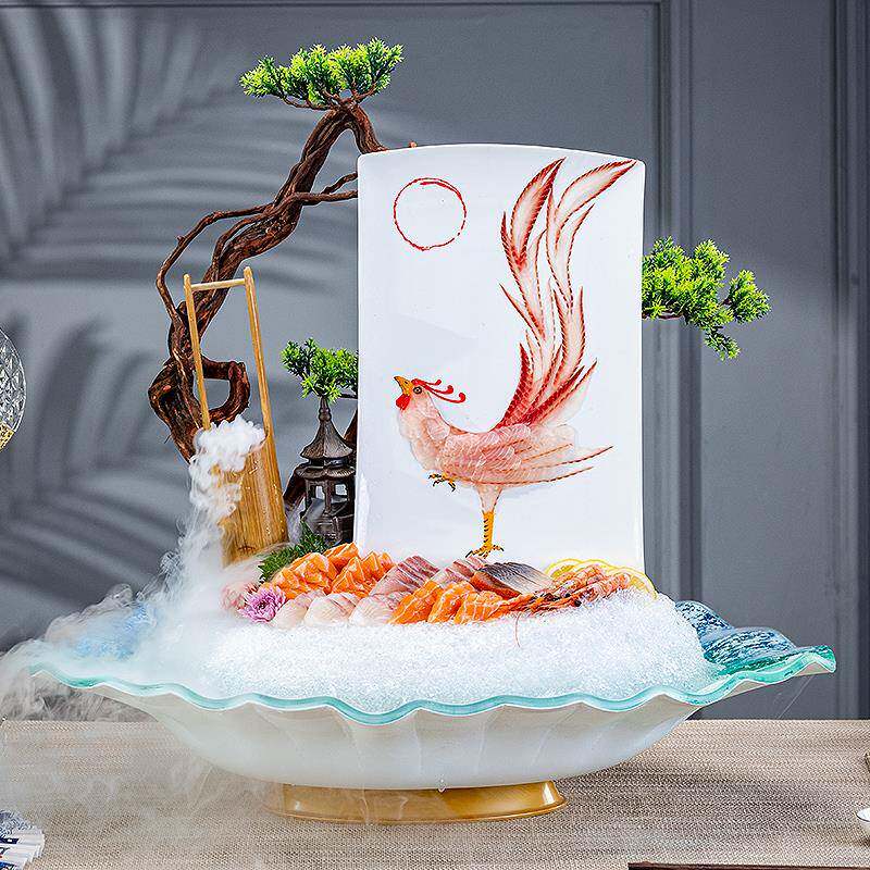 三文鱼刺身盘冰盘鱼生摆盘盘子海鲜鱼雕资造拼盘干冰餐具