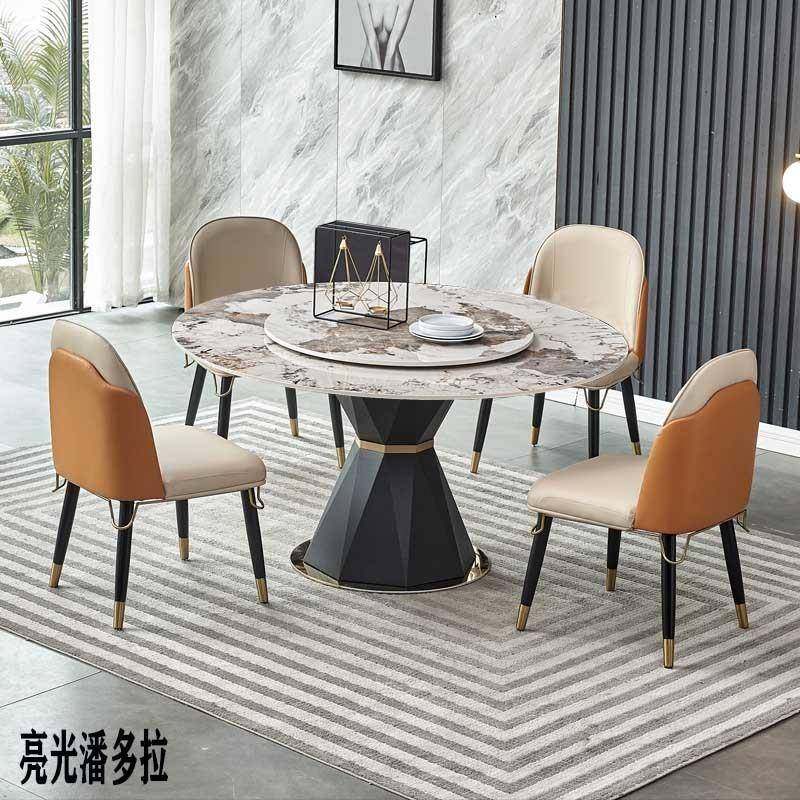 5V亮光纯黑餐桌大理石台面板旋转带底座酒店折叠大圆饭桌子转盘家