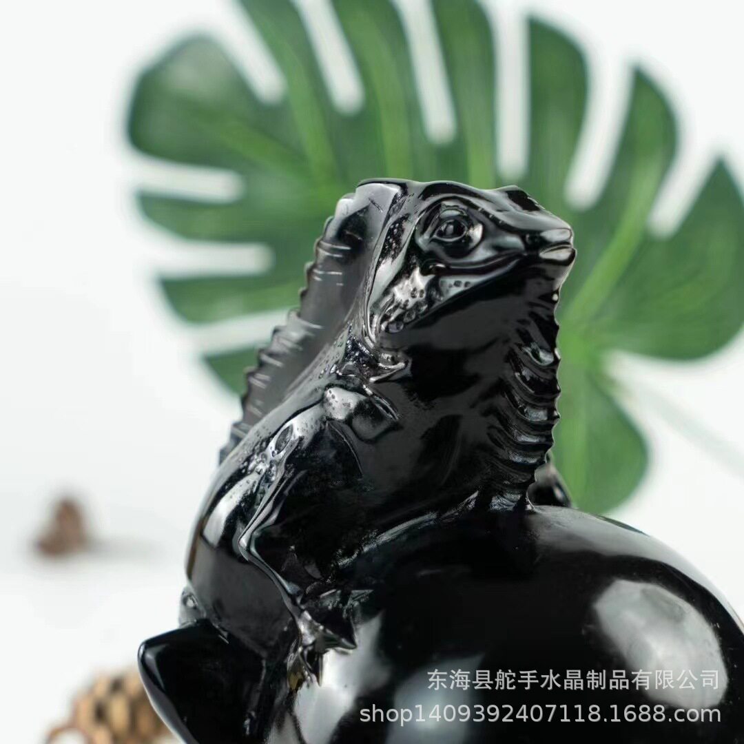 跨境热销 天然水晶黑曜石原石切割雕刻蜥蜴创意摆件家居消磁装饰