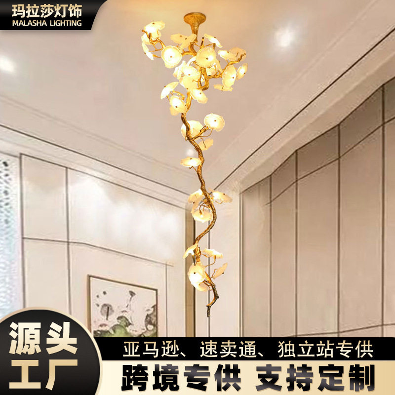 轻奢全铜复式楼梯大吊灯奢华
