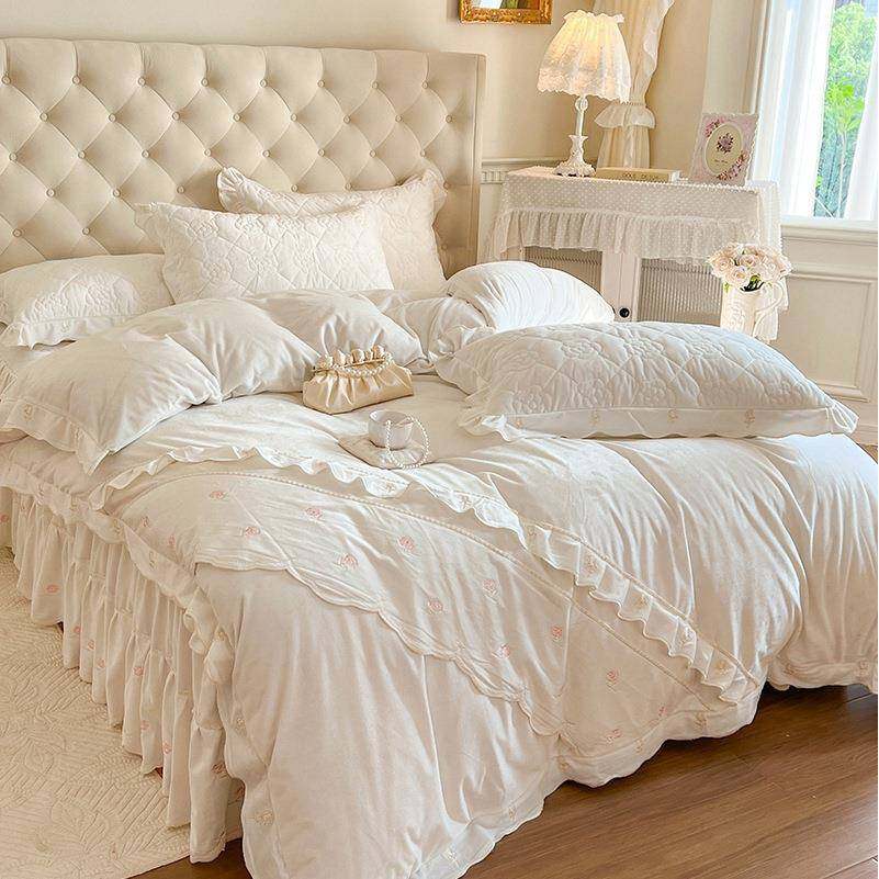 204新款宝2宝绒OVA床件套A类四床裙款四件套公主风纯花边裙床单被