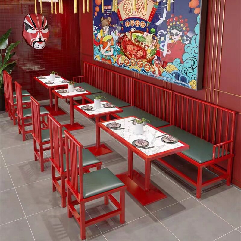 国潮中式餐饮红色卡座桌椅组合