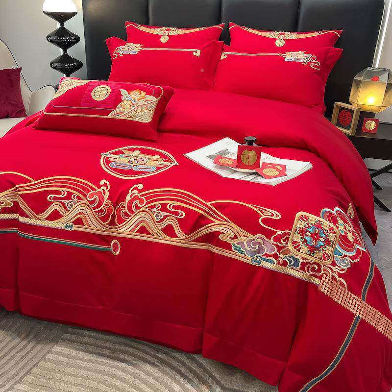 婚庆四结件套婚嫁套新婚床品刺绣H1145被套红色婚礼婚房婚床喜庆