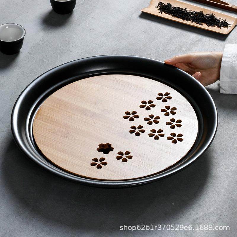雁南飞大干泡盘茶圆形陶瓷大号托盘YNF茶台日式竹制储水式号盘