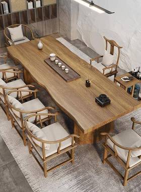 新中式实QVB茶桌原木大办板家客用厅接待泡茶公木室商铺酒店整板