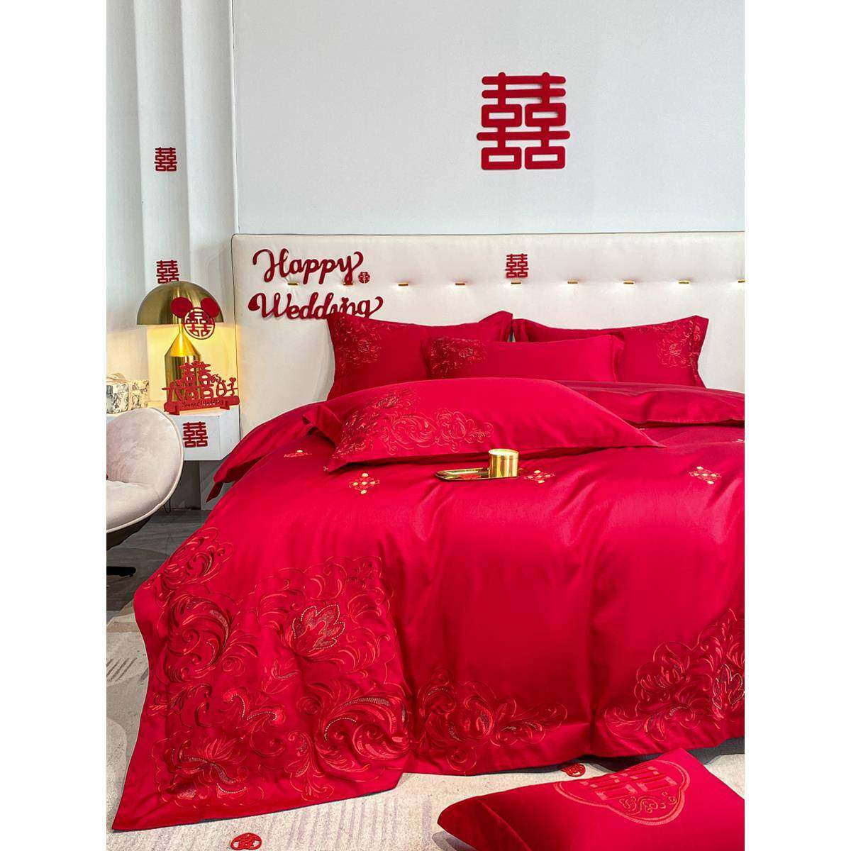 A10用L1SF77TJ5TT00婚庆四件套大单红色纯棉被罩床欧式陪嫁结婚床