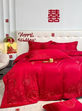 A10用L1SF77TJ5TT00婚庆四件套大单红色纯棉被罩床欧式陪嫁结婚床