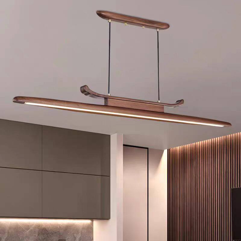 简约新中式餐厅茶桌吊灯中古风格办公工作实木led长条灯一字灯具