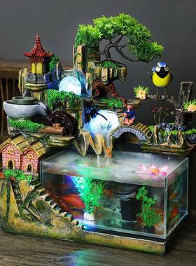 亚克力鱼水族箱假缸山流水喷风水摆件客厅家泉用流水轮LJP器鱼缸