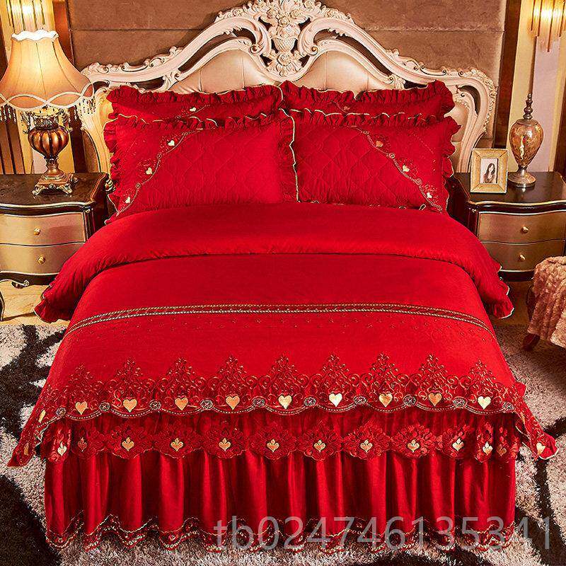 正品欧式结婚全加棉刺绣床裙四件套红色纯大棉被套夹棉蕾厚丝花边