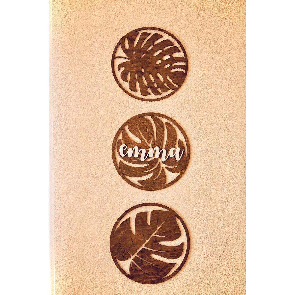 树叶名称标志，三件套墙壁装饰，热带派对装饰，圆形木质名称标志