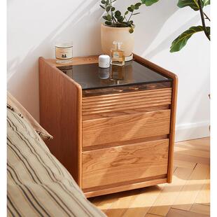 樱桃木实木床头柜可移动置物架边柜极窄无线充电小型斗柜收纳柜