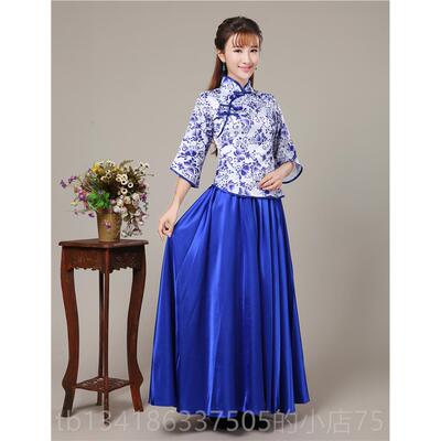 正品中国风青花瓷大色舞连身礼服 女装古典民乐古筝服演出 广红场