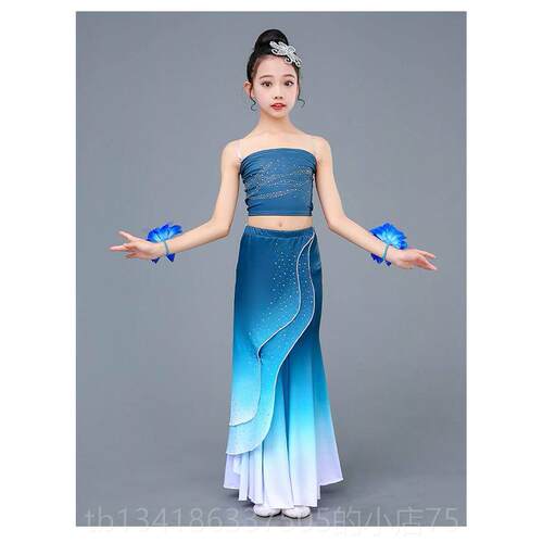 正品傣族舞服装款儿童艺蹈考功服孔雀舞包臀鱼尾裙民族演新出练表