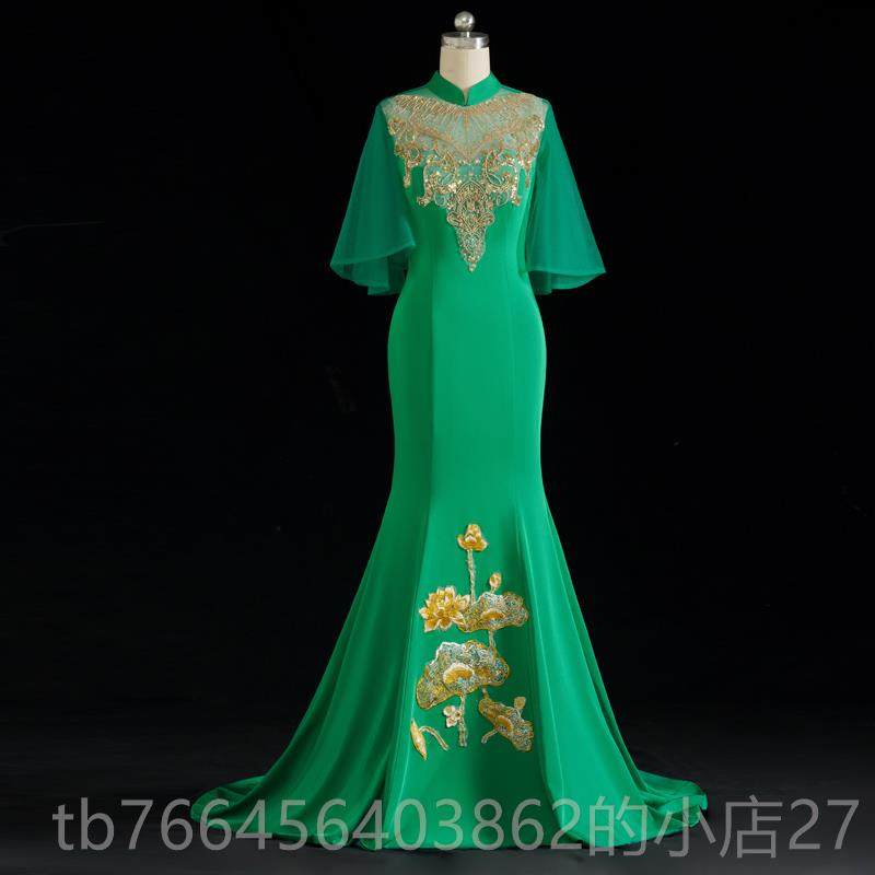 新款中典雅白尾式晚礼服长身t台演表服装鱼尾修中袖年度派对礼服