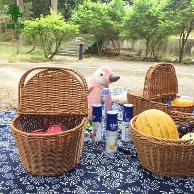 家用藤编收纳筐纳具1ZY52164收桶手编提带盖玩防尘户外仿藤野餐篮