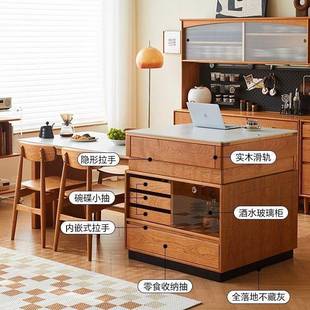 樱桃桃全实木木岛餐桌一体家用小ARH户台型黑胡木可伸缩吧台岩板