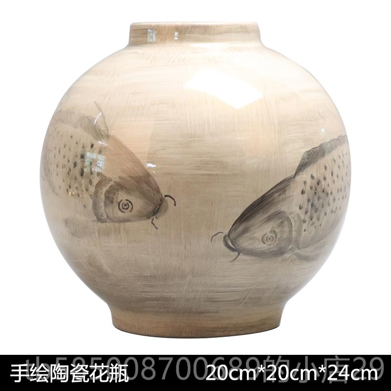 新款新中彩绘鲤陶瓷花鱼厅瓶样板房家居客花器装饰售楼处博古式架