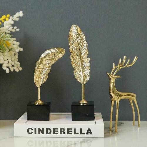 居厅式轻中奢合金水晶羽毛装饰摆件创意金色家客装BJ-0194饰金属