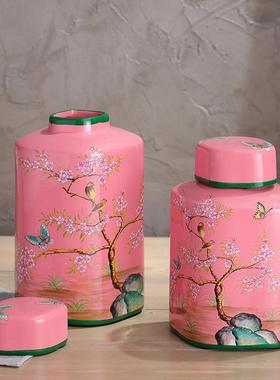 美式乡厅村花鸟装饰陶瓷罐摆件家居饰品软客电装圆视柜玄关摆FS74
