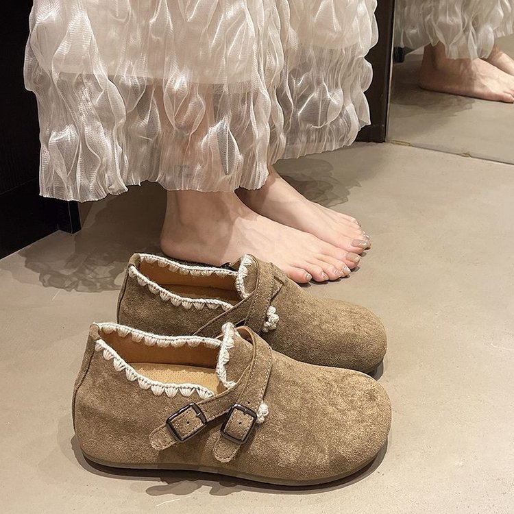 白色复古加绒包头厚底拖鞋女冬外穿2025新款配裙子增高半拖勃肯鞋