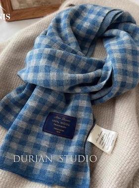 FC新品珍品澳洲100%纯羊毛蓝色小格子围巾冬季加厚保暖情侣围脖