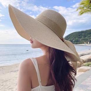 防晒帽女防紫外线新款 海边沙滩三亚旅行拍照大帽檐遮太阳草帽 夏季
