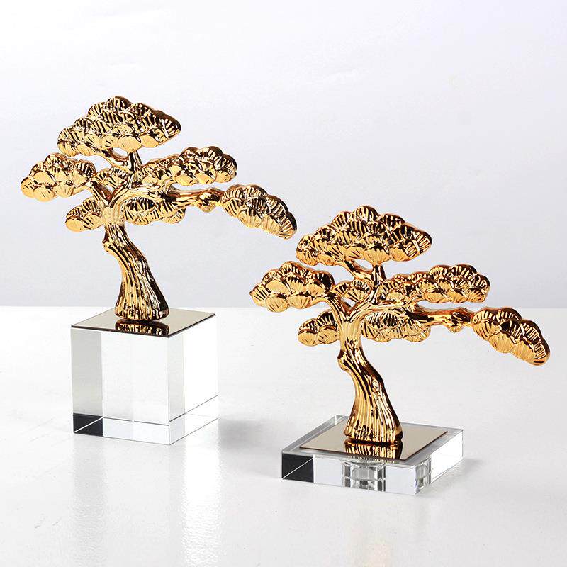 中式迎客松摆件酒店门厅玄关过道桌面工艺品金属松树雕塑软装饰品