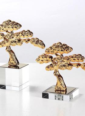 中式迎客松摆件酒店门厅玄关过道桌面工艺品金属松树雕塑软装饰品