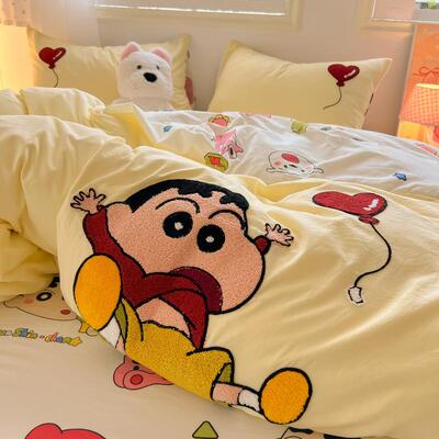 爱风水洗棉毛xbl绣小新黄四件套巾被套床单宿舍件三套床上用品床