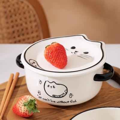 泡面碗带盖嗦粉陶瓷碗大容量宿舍学生用手柄双耳碗微波炉