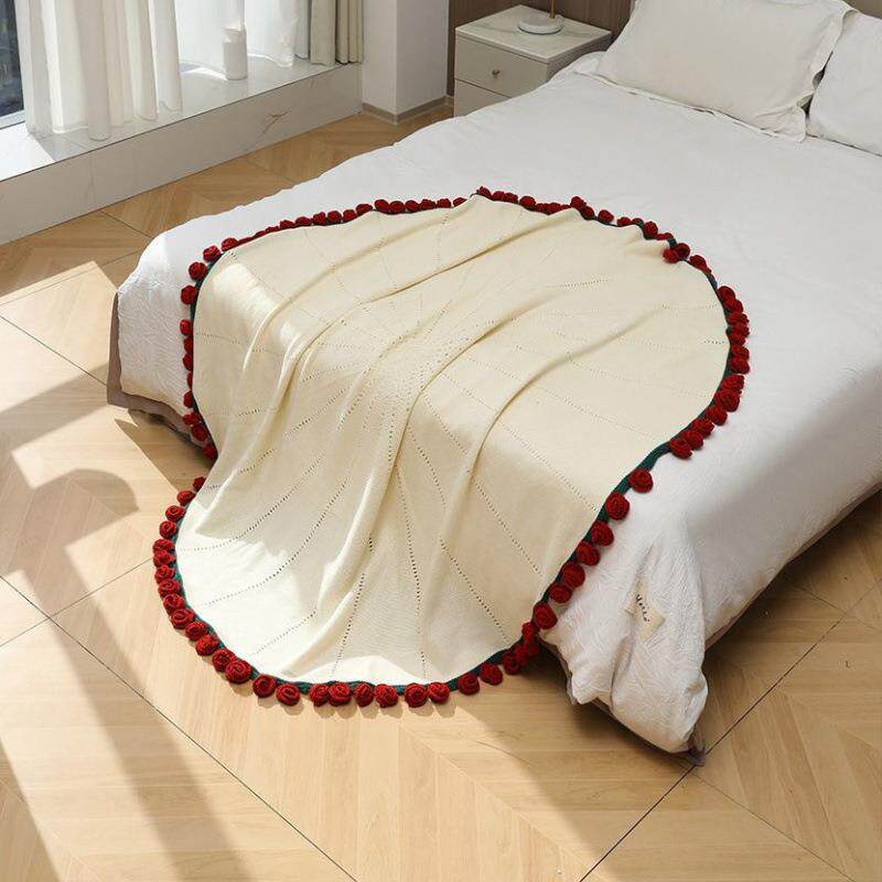 玫瑰花束毯子成品办公室午睡花毯毛线团手工编织毯子送闺蜜