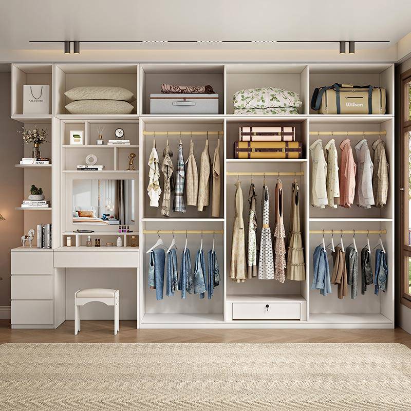 组合衣柜现代经济型欧330松板家卧室梳妆台奶油用风衣橱带多大功