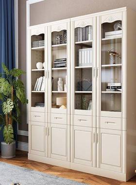 全实木玻橡木书柜带璃KBU门现代简胶约式中书房办公室组合书架橱